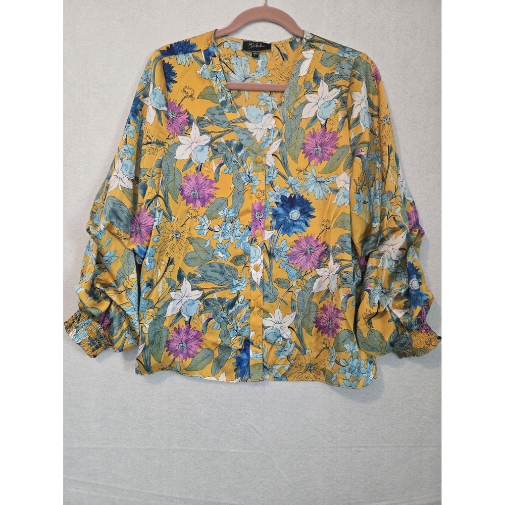 RD Koko Blouse Elastic Cuffs Size L Floral Yellow Button Womens Polyester